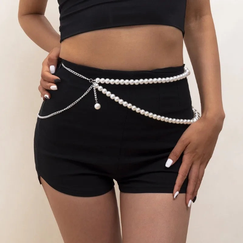 Pearl Geometric Double Waist Chain – Women's Metal Body Chain Body Waist Chain Babs