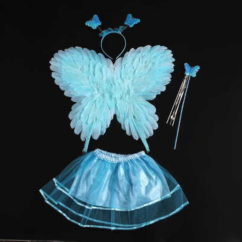 Girls Fairy Butterfly Feather Wings Costume Set with Skirt & Wand Kids Fairy Costume Set Babs blue