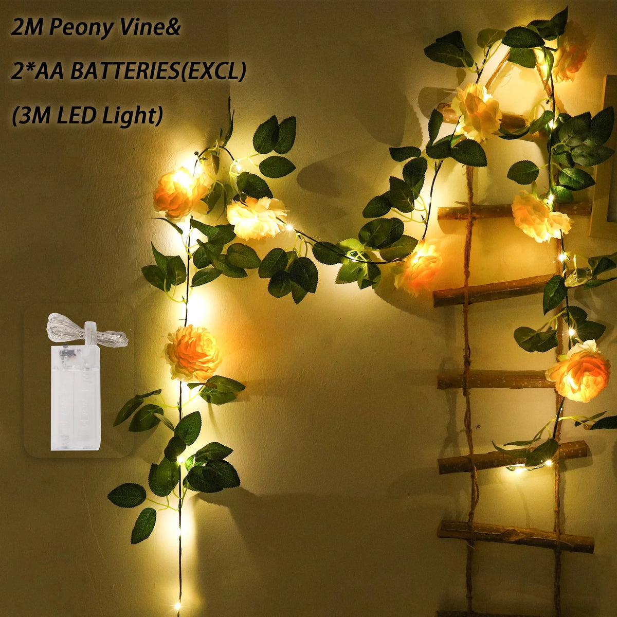 Peony Vine LED Wreath – Silk Artificial Flower Wall & Wedding Décor Artificial Flower Garland Babs Champagne 2 1PC