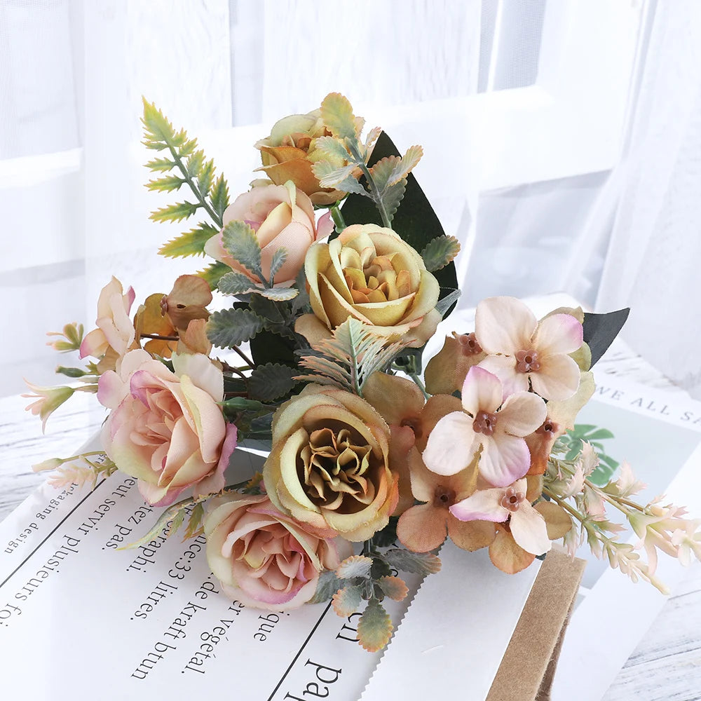 Silk Rose & Hydrangea Artificial Bouquet | Wedding & Home Décor Artificial Flower Bouquet Babs Coffee Green 1PC