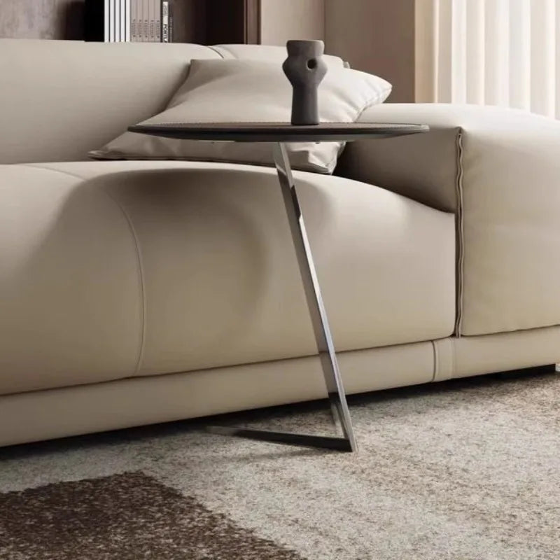 Round Minimalist Coffee Table – Stainless Steel & Leather Side Table Coffee Side Table Babs