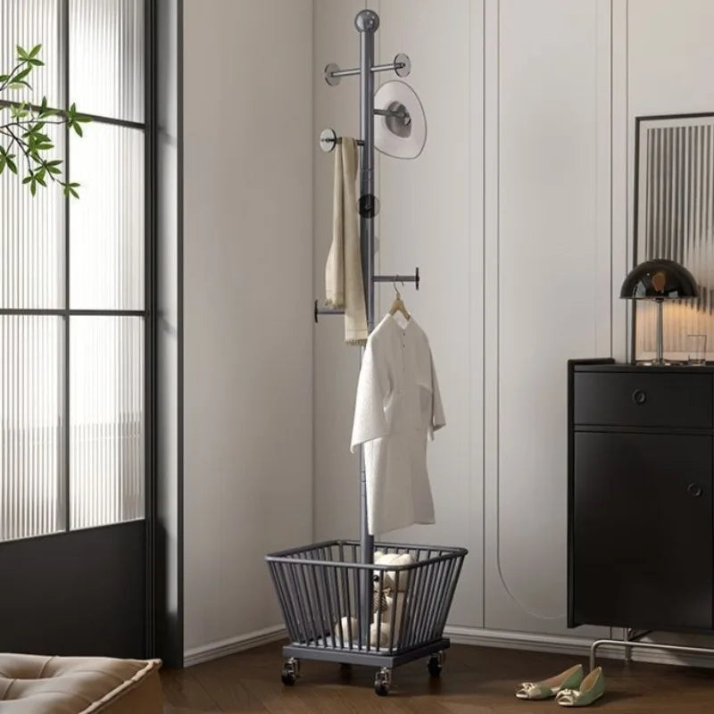 Standing Coat Rack with Basket – Metal Clothes Stand, 3 Hooks Standing Coat Rack Babs