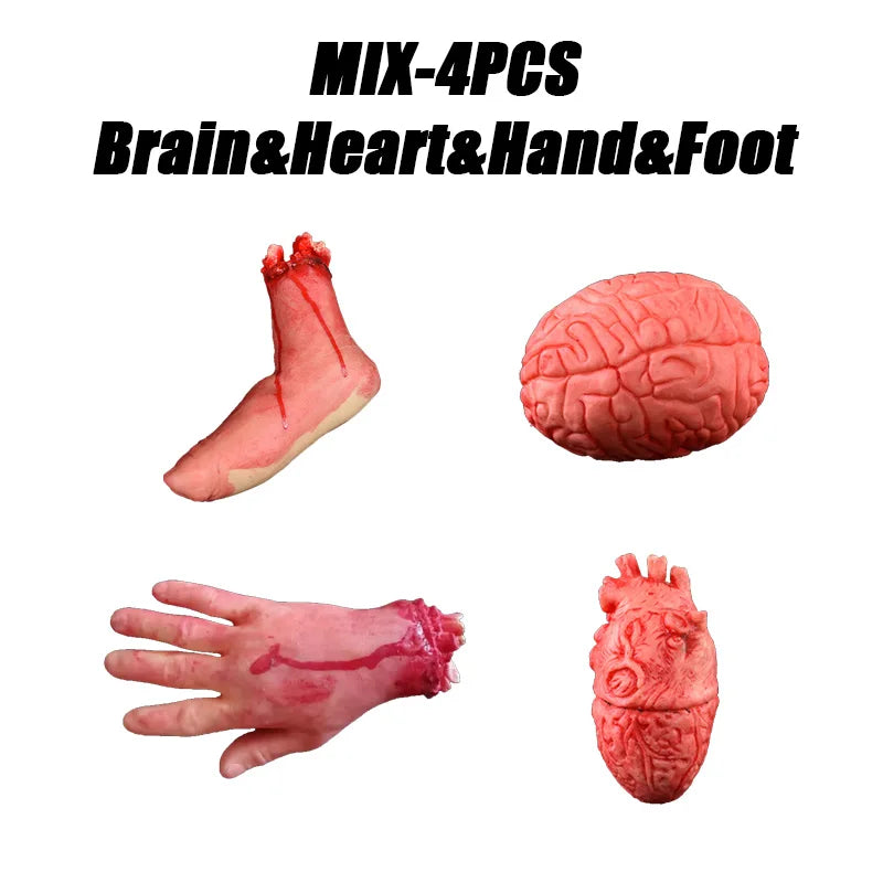 Realistic Halloween Fake Organ Props – Brain Heart Hand Foot Halloween Prop Decoration Babs Mix-4PCS