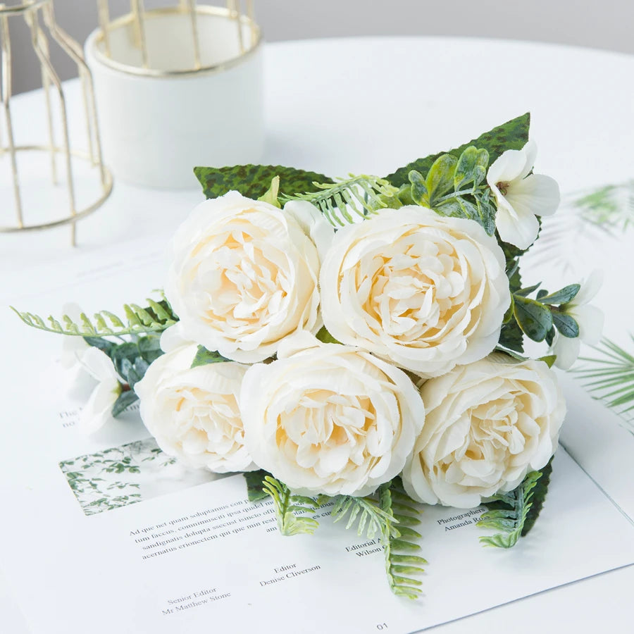 Silk Peony Artificial Flower Bouquet for Wedding & Home Décor Artificial Flower Bouquet Babs Milky White 1 pc
