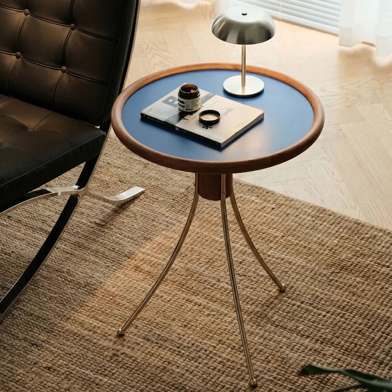 Round Side Table Solid Oak Top & Stainless Steel Legs – Modern Round Side Table Babs Small-Dark Blue