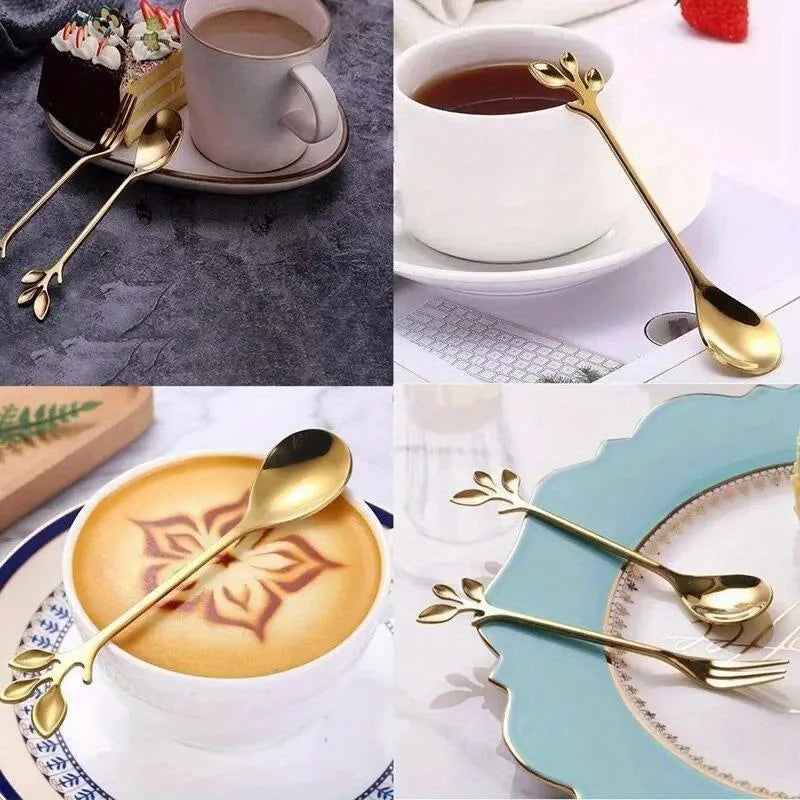 6-Piece Gold Leaf Stainless Steel Coffee & Tea Spoon Set Decorative Spoon Set Babs