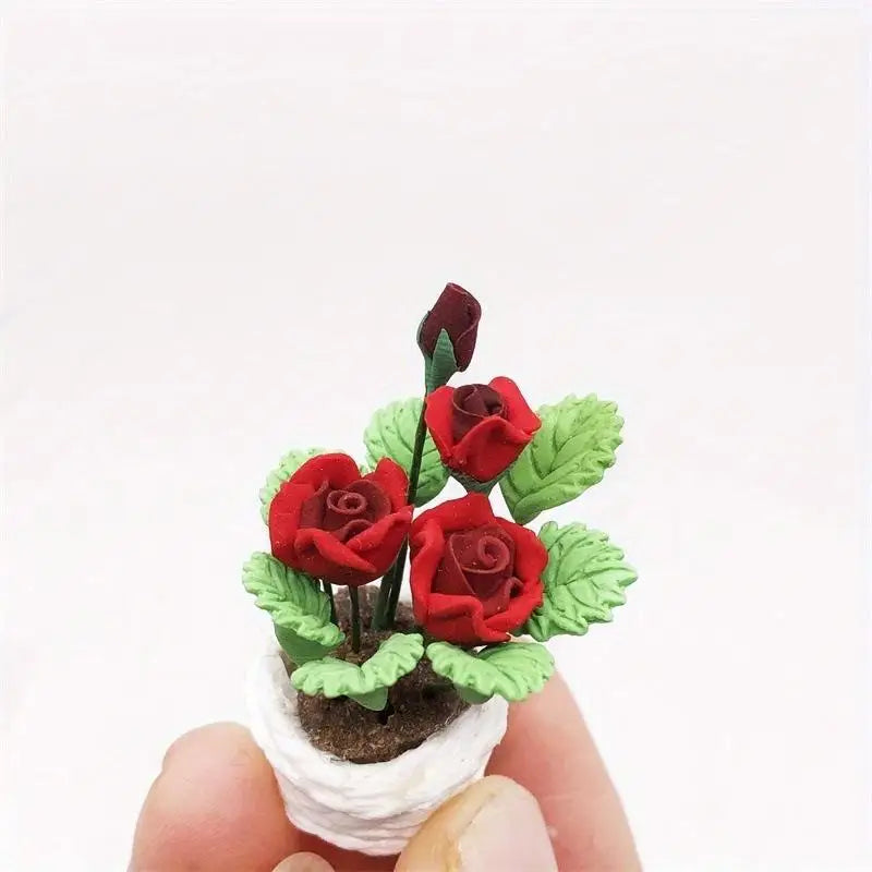 Miniature Red Rose Potted Plant – Resin Simulation Flower Decor Miniature Plant Decor Babs