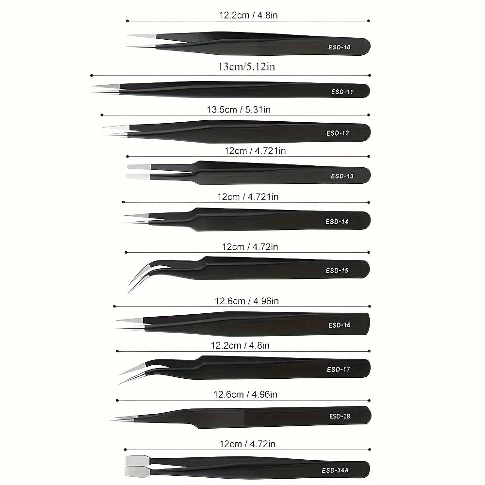 10Pc Precision Anti-Static Stainless Steel Tweezers Set Precision Tweezers Set Babs