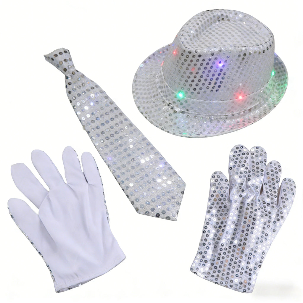 Adult LED Sequin Jazz Hat Tie & Gloves Party Costume Set LED Party Costume Set Babs