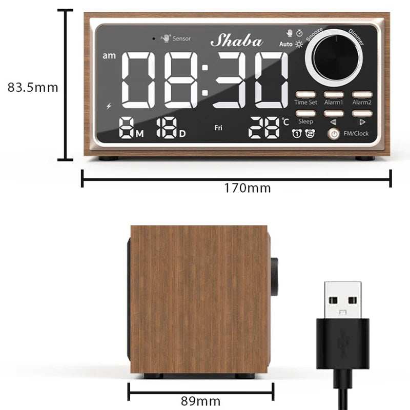 Wooden Digital Desk Clock with Wireless Charging & FM Radio Digital Desk Clock Babs Brown