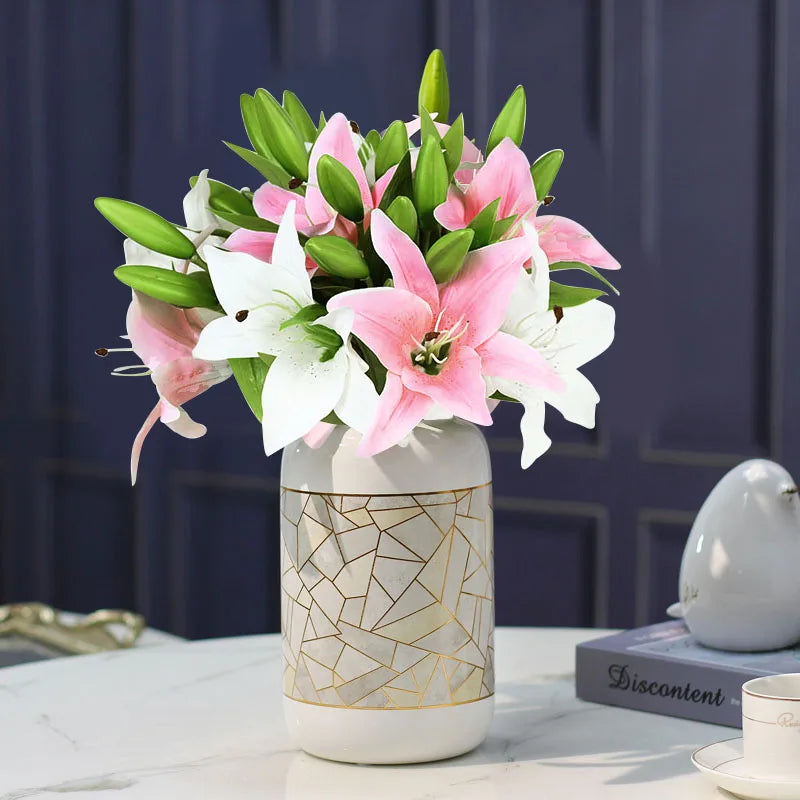 5Pcs White Lily Artificial Flowers 38cm Real Touch Bouquet Artificial Flower Stems Babs