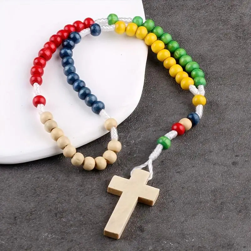 Natural Wood Bead Catholic Rosary Cross Necklace – Women Rosary Necklace Babs