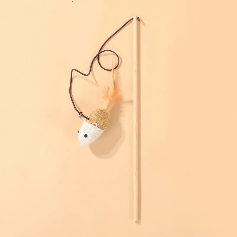 Wooden Cat Teaser Wand with Bell, Feather & Linen Kitten Toy Cat Teaser Wand Babs 1Pc 2