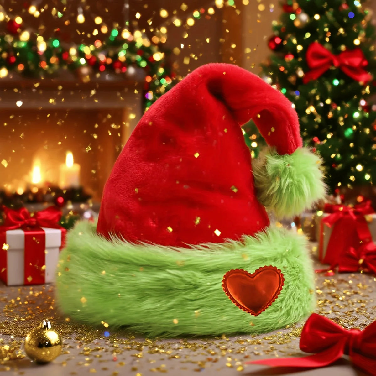 Christmas Santa Hat Gold Glitter Velvet Green Faux Fur Pom Pom Holiday Hat Babs