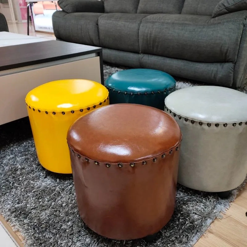 Retro Round Ottoman Stool – Genuine Leather & Pine Wood, 35×45cm Ottoman Stool Babs