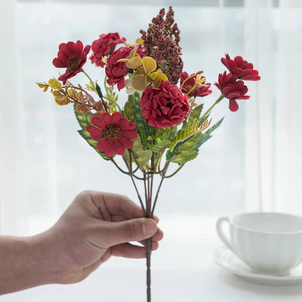 Silk Chrysanthemum Artificial Flower Bouquet – Wedding & Home Artificial Flower Bouquet Babs Red 1PC