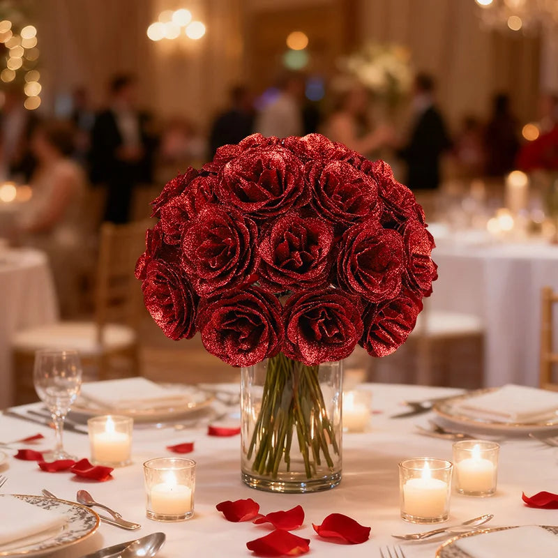 10Pcs Glitter Red Rose Artificial Bouquet – Wedding & Party Decor Artificial Flower Bouquet Babs