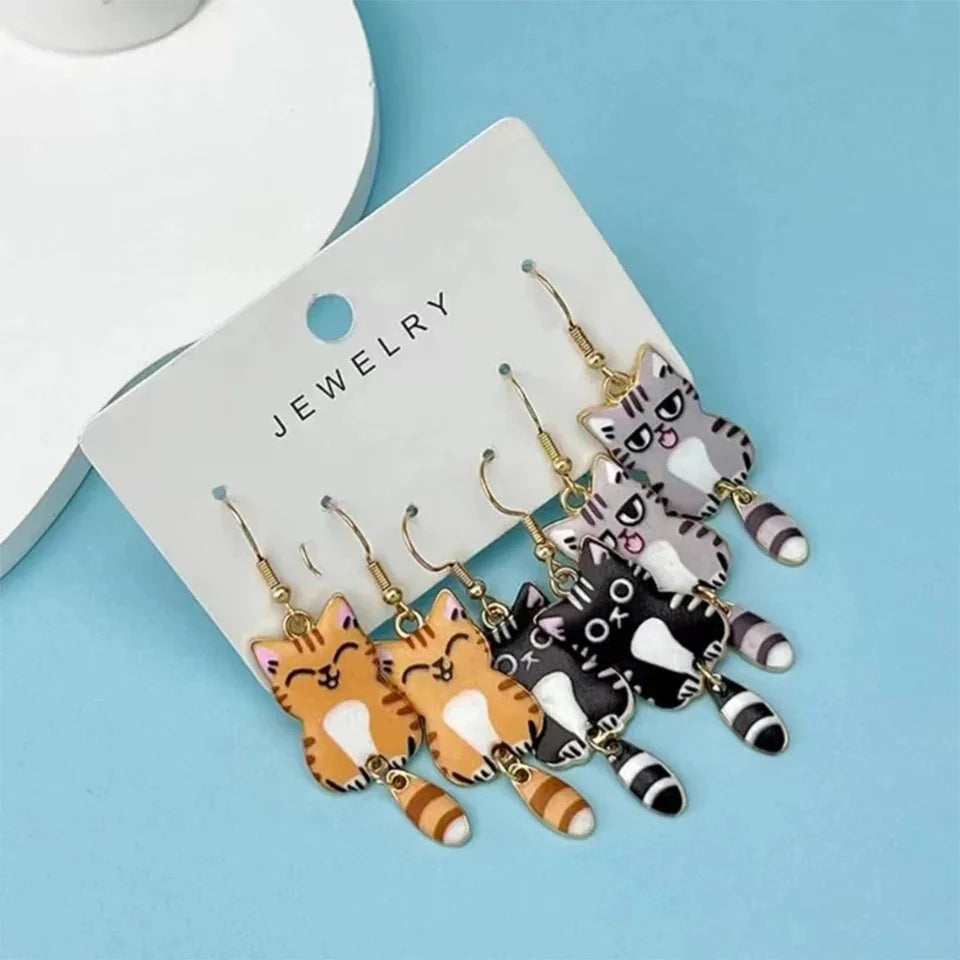 Cute Cat Dangle Earrings Set – 3 Pairs Enamel Gold Alloy Dangle Earrings Set Babs