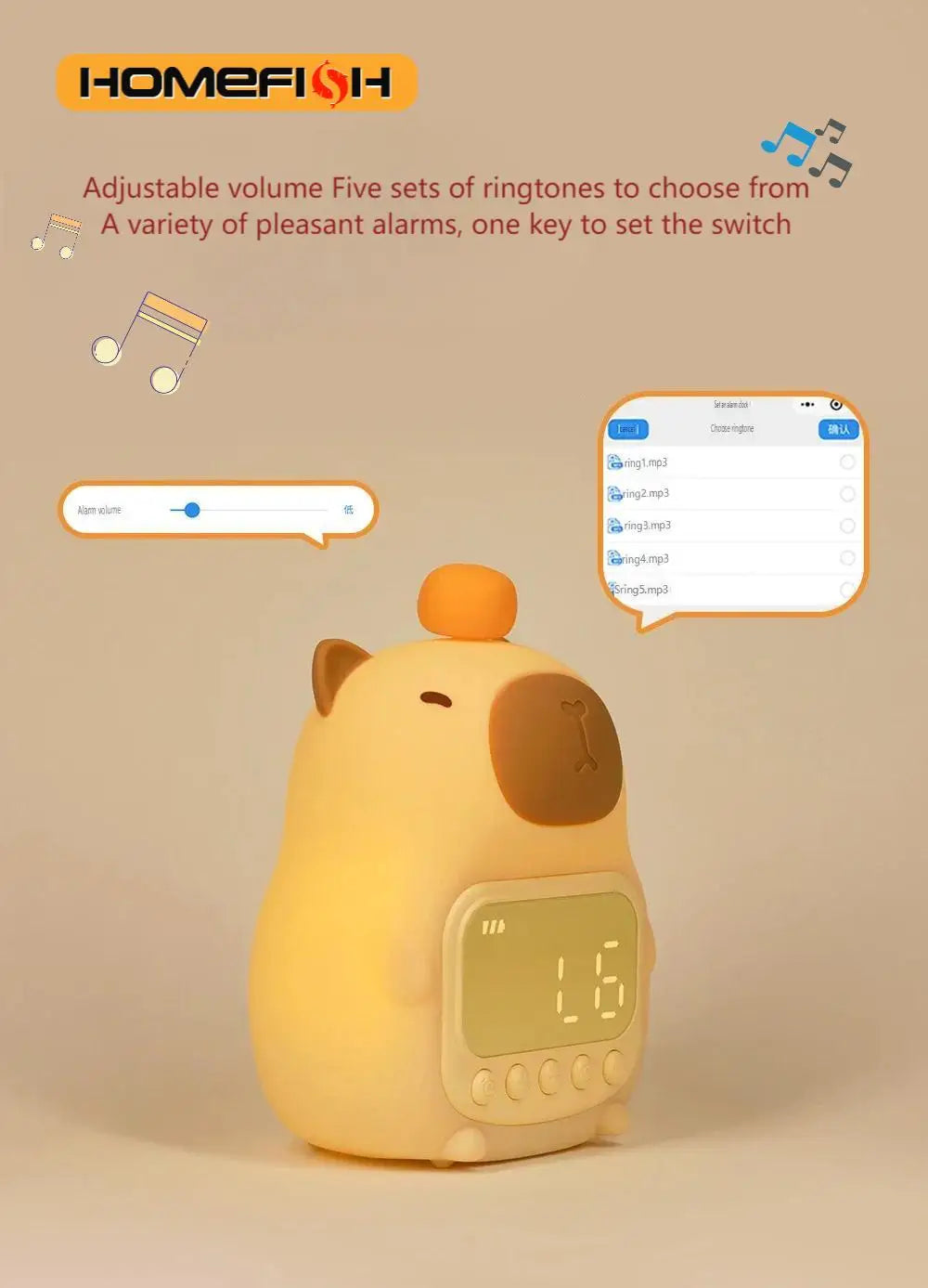 Capybara LED Night Light & Digital Alarm Clock – Dimmable LED Night Light Clock Babs