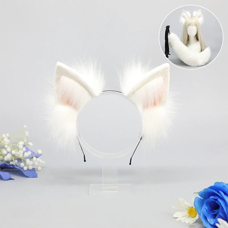 Wolf Ears & Tail Cosplay Set – Faux Fur Costume Headband Cosplay Costume Set Babs White and pink ear