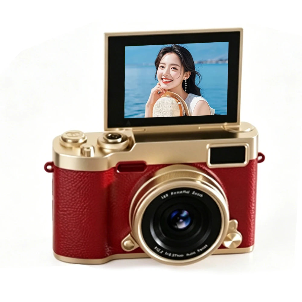 KEBIDUMEI 4K CCD Digital Camera 48MP 16X Zoom 180° Flip Selfie Digital Camera Babs Red