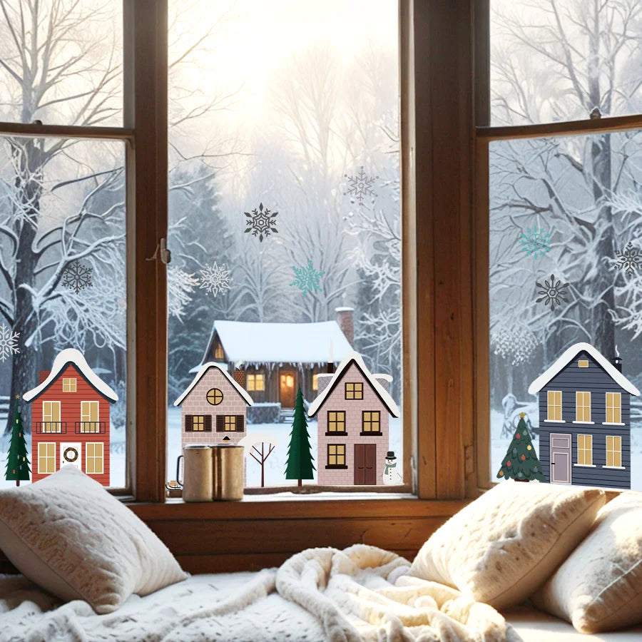 Cartoon Snowflake House Window Sticker – Double-Sided Glass Decal Glass Window Sticker Babs