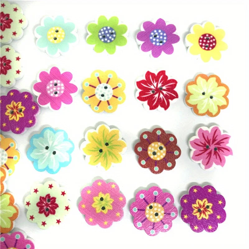 100pcs Painted Flower Wood Buttons – Mixed Colors for Crafts Wooden Craft Buttons Babs