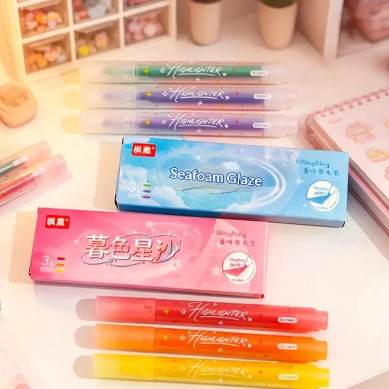 HUXUAN 3pc Glitter Highlighter Set – Shimmer Marker Pens for Journals Glitter Highlighter Set Babs