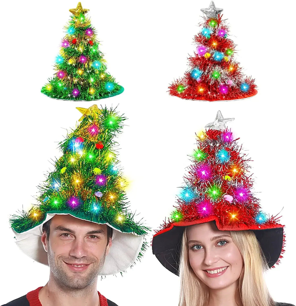 LED Glowing Christmas Tree Hat with Tinsel & Lights LED Christmas Hat Babs