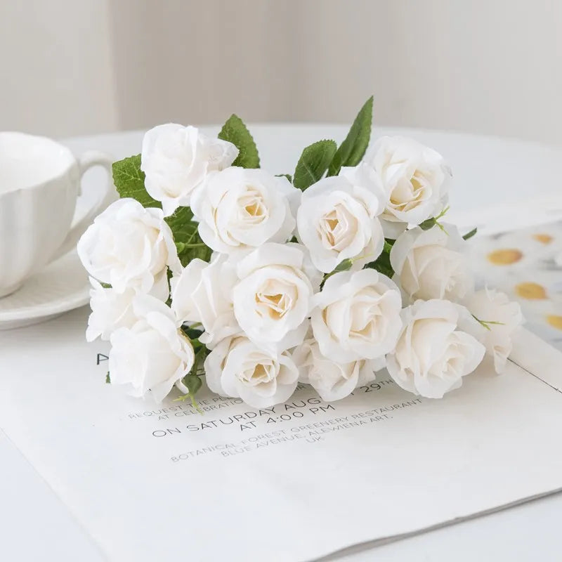 15-Head Silk Rose Bouquet – Wedding & Home Décor Flowers Artificial Flower Bouquet Babs WHITE 1pc