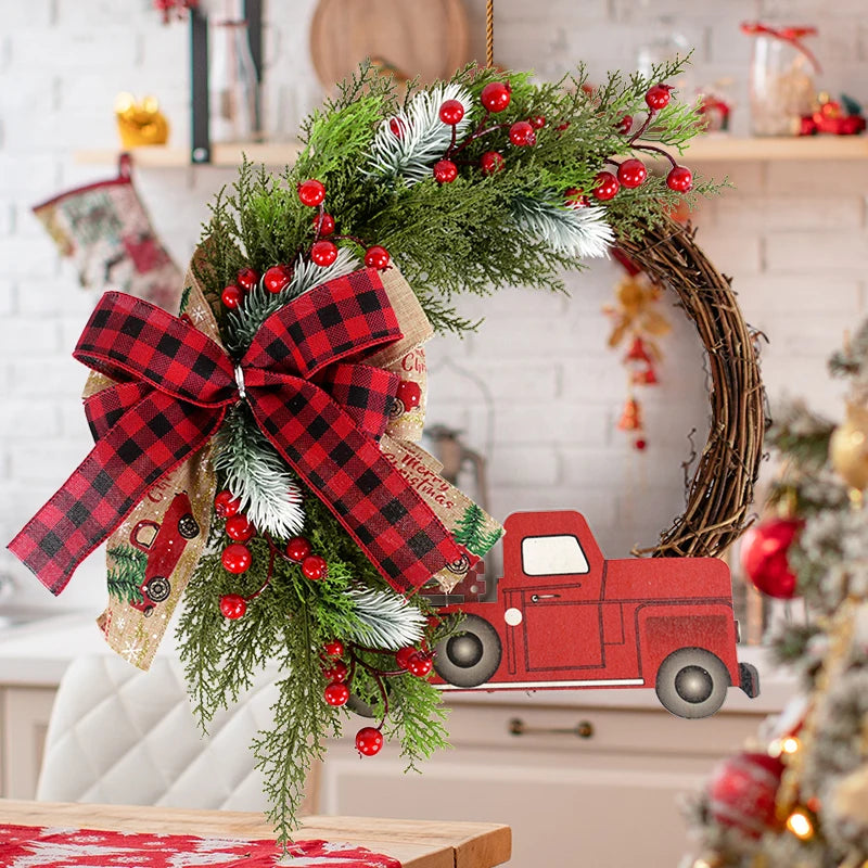 38CM Christmas Door Wreath – Red Berry & Wooden Car Ornament Christmas Door Wreath Babs