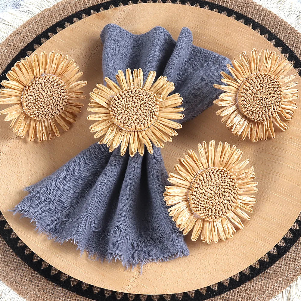 Natural Raffia Sunflower Napkin Ring Set | Rustic Woven Holders Napkin Ring Set Babs