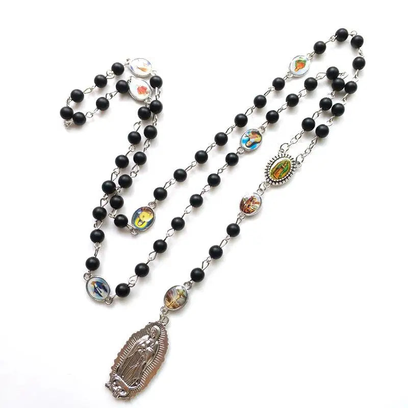 Black Crystal Rosary Necklace – Long Cross Pendant, Unisex Rosary Necklace Babs 1pc