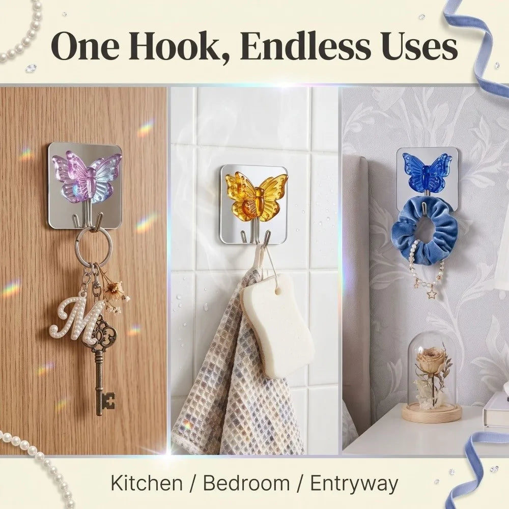 2PCS Crystal Butterfly Self-Adhesive Wall Hooks – Bathroom & Kitchen Decorative Wall Hooks Babs