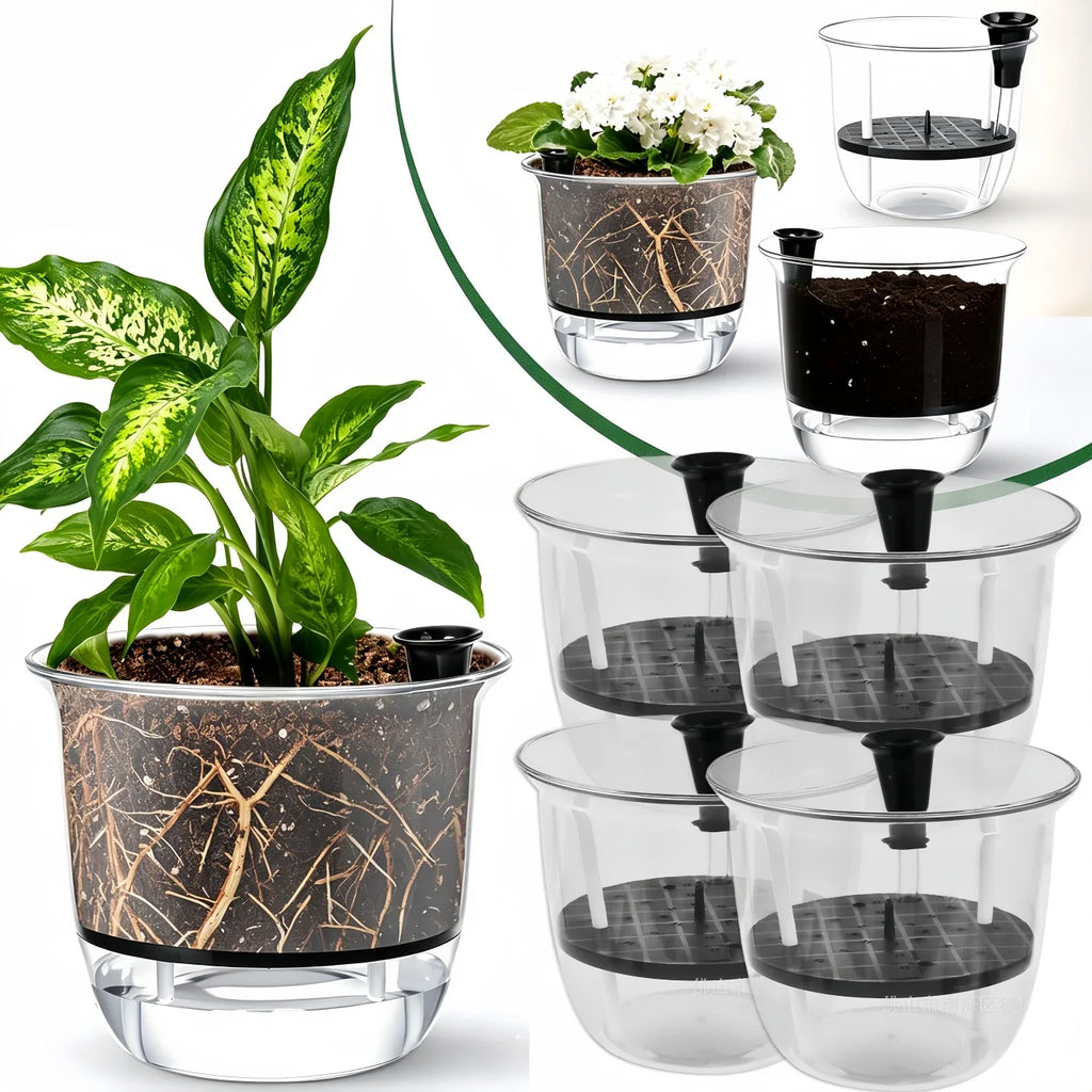 2-Pack Clear Self-Watering Indoor Plant Pots with Deep Reservoir Self-Watering Planter Babs