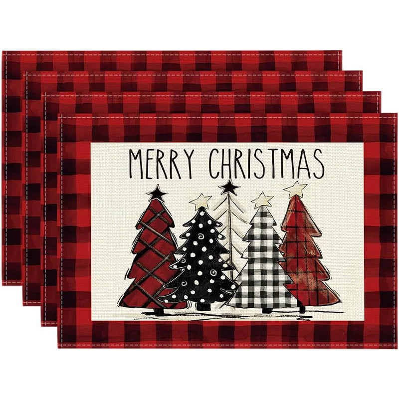 4Pcs Christmas Linen Placemats Set – Elk & Tree Table Mats Linen Placemats Set Babs SET-H Rectangle 45x30cm