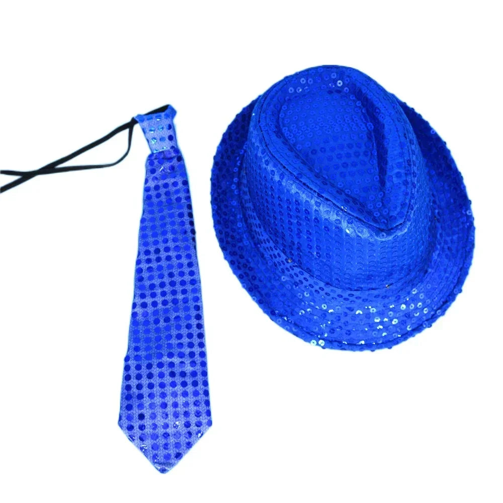LED Light Up Sequin Jazz Hat & Tie Set | Party Costume LED Party Costume Set Babs light up dark blue Adult size