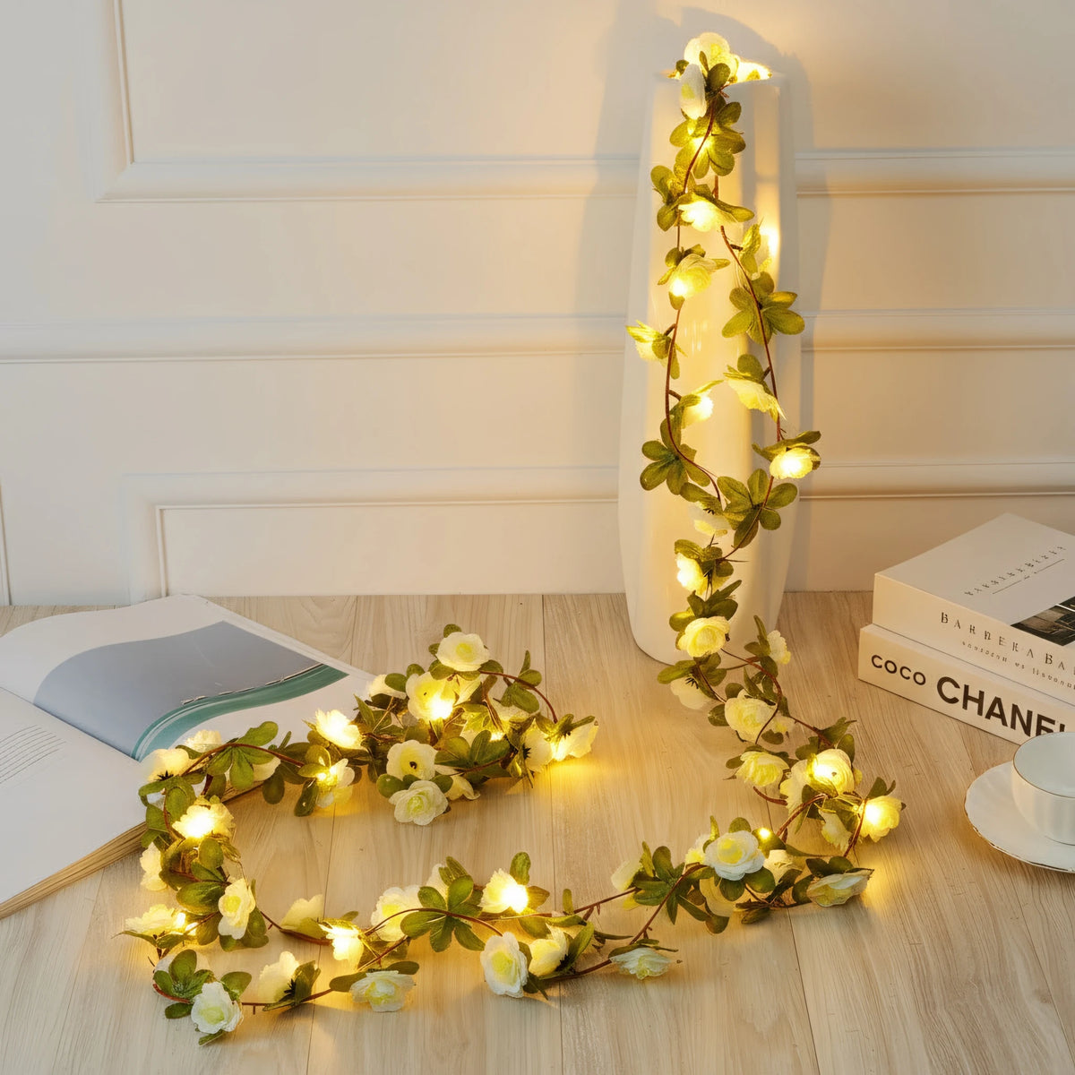 Artificial Rose Vine LED String Lights Hanging Garland Decor Floral LED Garland Babs Autumn White Button Battery