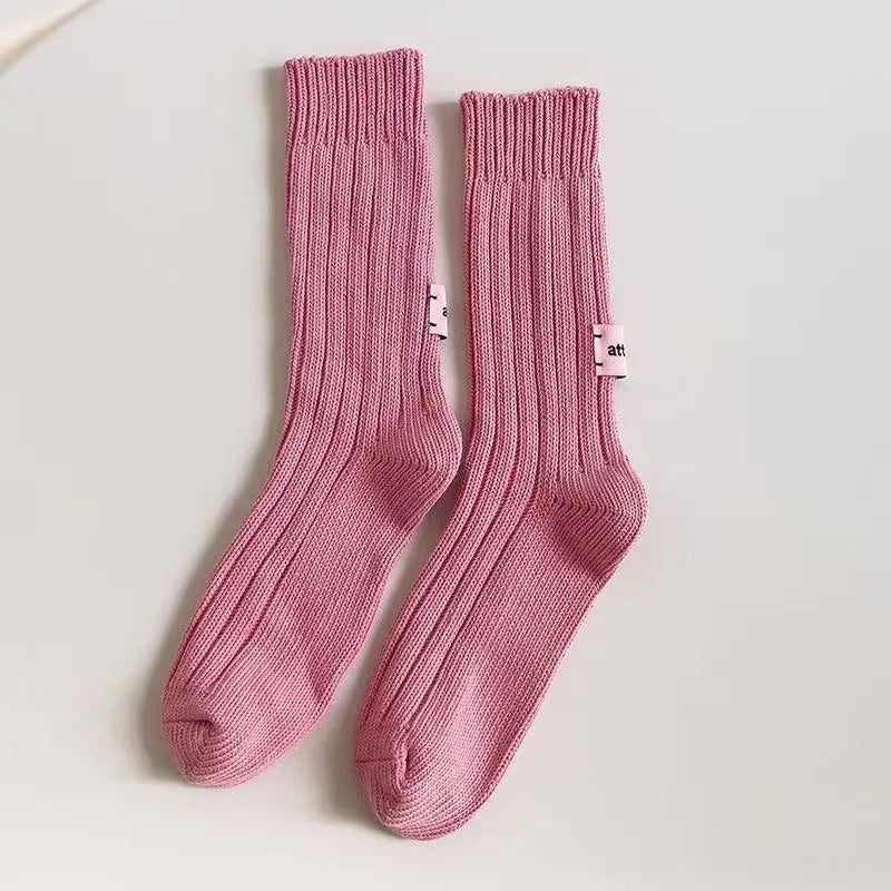 Unisex Cotton Chunky Knit Crew Socks – Retro Stacked Style Knit Crew Socks Babs Pink One Size