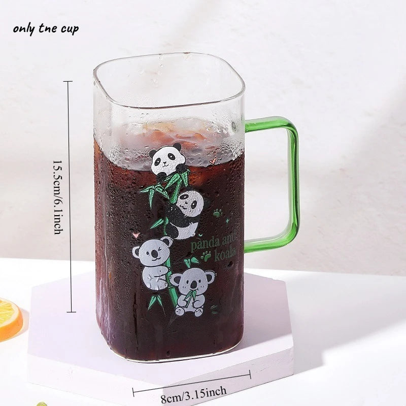 Square Glass Water Cup Cartoon Panda Straw Lid Large Capacity Glass Drinkware Cup Babs B