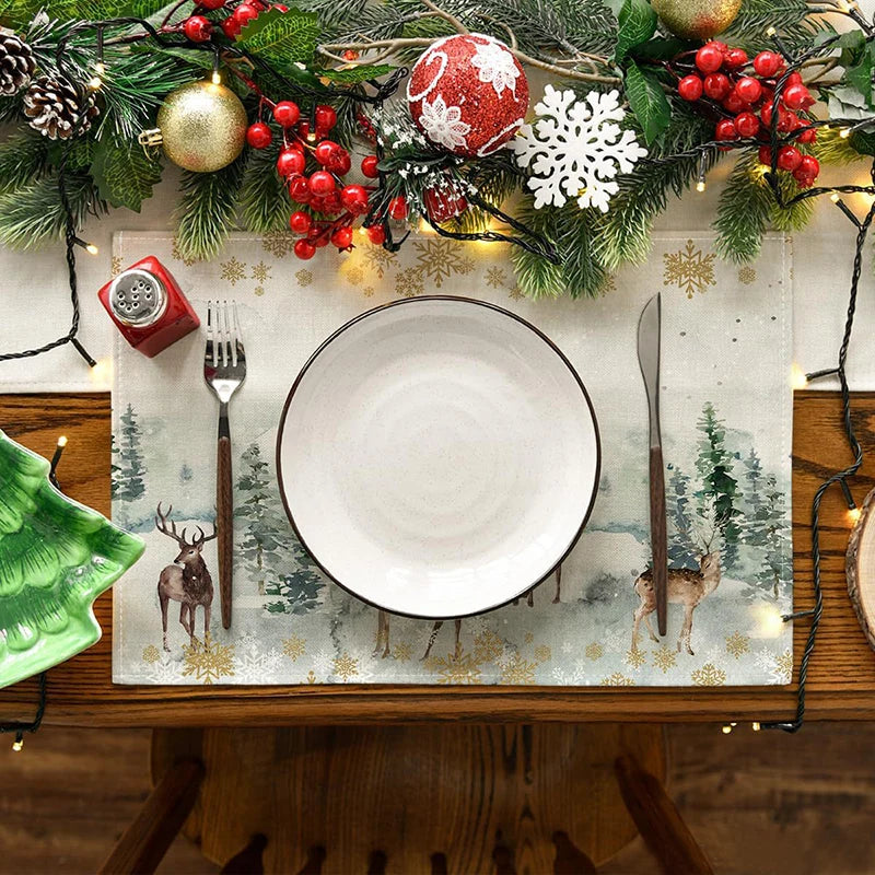 4Pcs Christmas Linen Placemats Set – Elk & Tree Table Mats Linen Placemats Set Babs