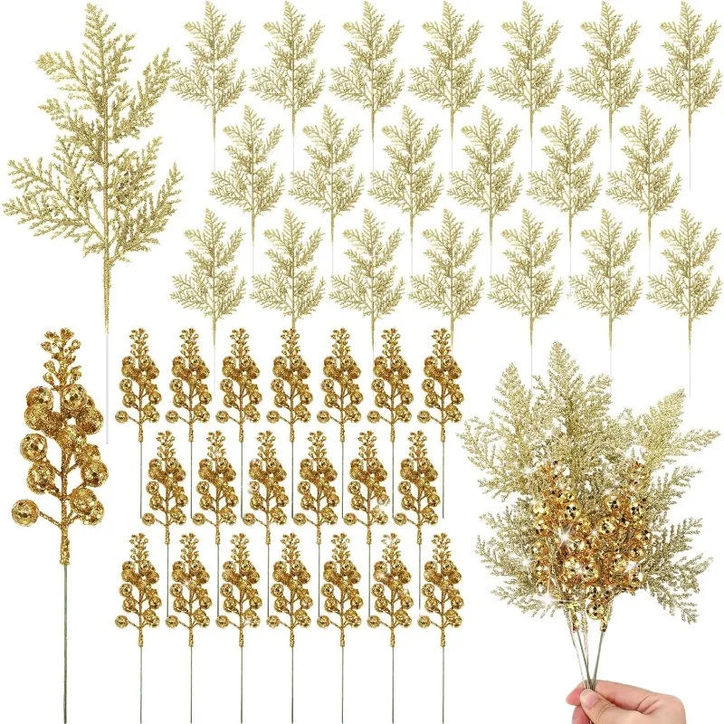 Glitter Christmas Artificial Berry Bouquet Set – 10 Pcs Xmas Decor Christmas Berry Ornament Babs Gold 10Pcs