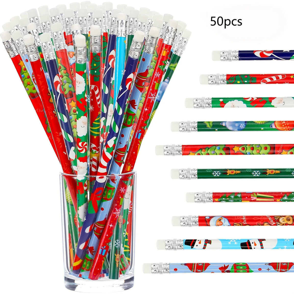 50PCS Christmas Pencils – Holiday Party Favors & Classroom Gifts Holiday Novelty Pencils Babs Mixed Color