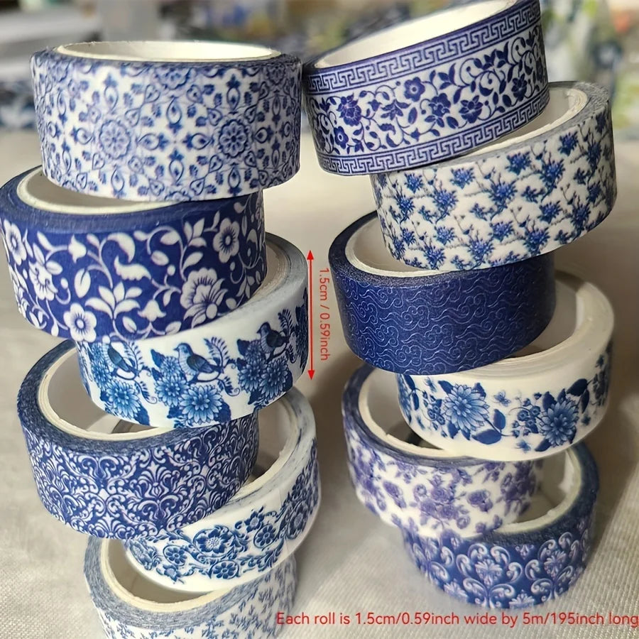 12 Rolls Chinoiserie Blue White Washi Tape – Craft & Journal Decorative Washi Tape Babs