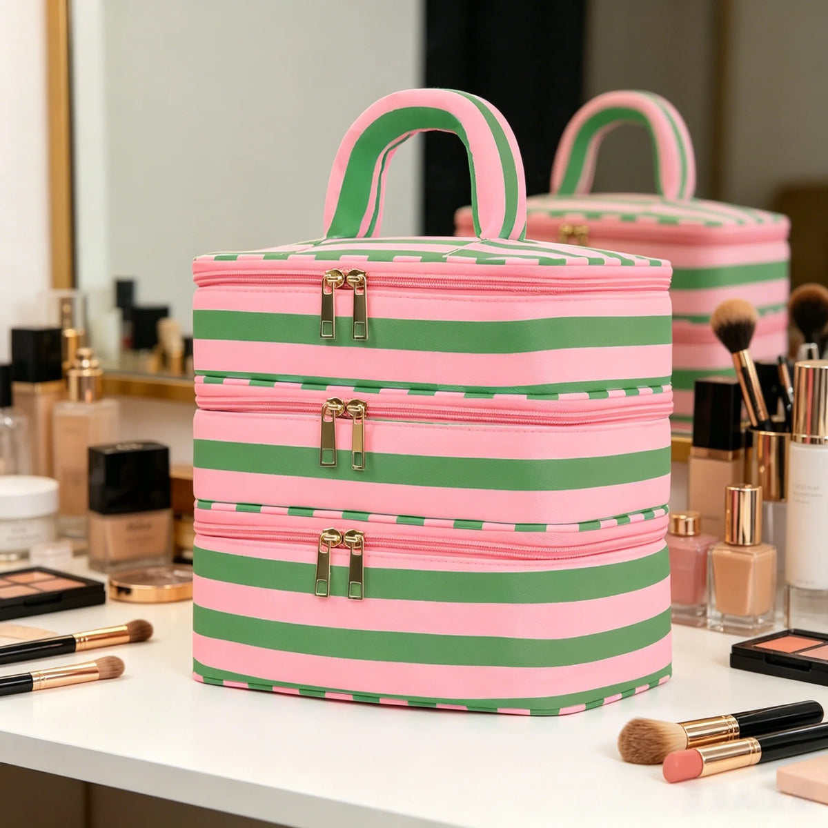Large 3-Layer Travel Makeup Bag Organizer with Handle Travel Makeup Bag Babs Green Pink