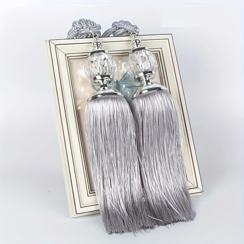 Crystal Tassel Curtain Tie Backs with Bead Buckles – Set of 2 Curtain Tie Backs Babs Light Grey 55-90cm