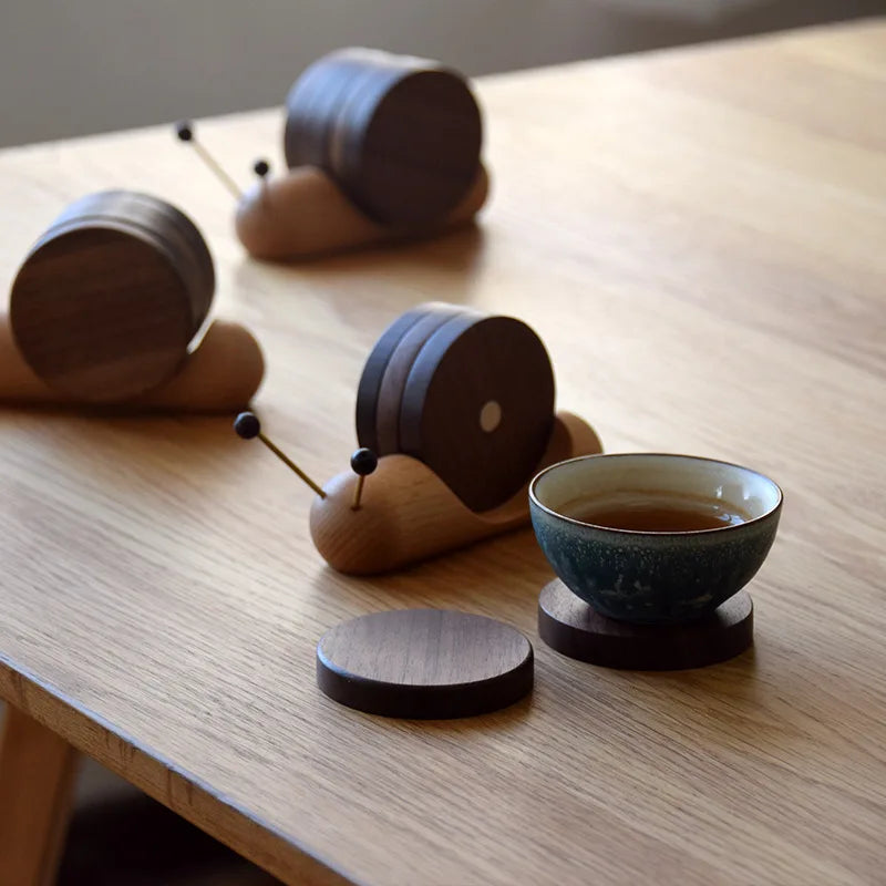 Snail-Shaped Wooden Tea Coaster Set – Heat Insulation Cup Mat Wooden Tea Coaster Babs