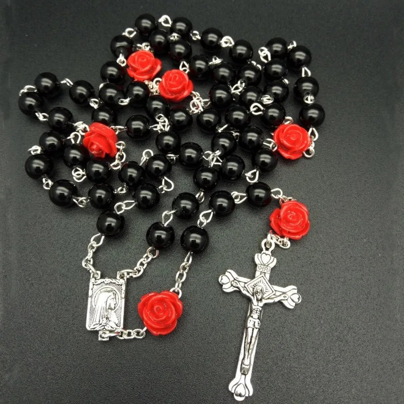 Polymer Clay Bead Rosary Cross Necklace | Catholic Gift Religious Pendant Necklace Babs black