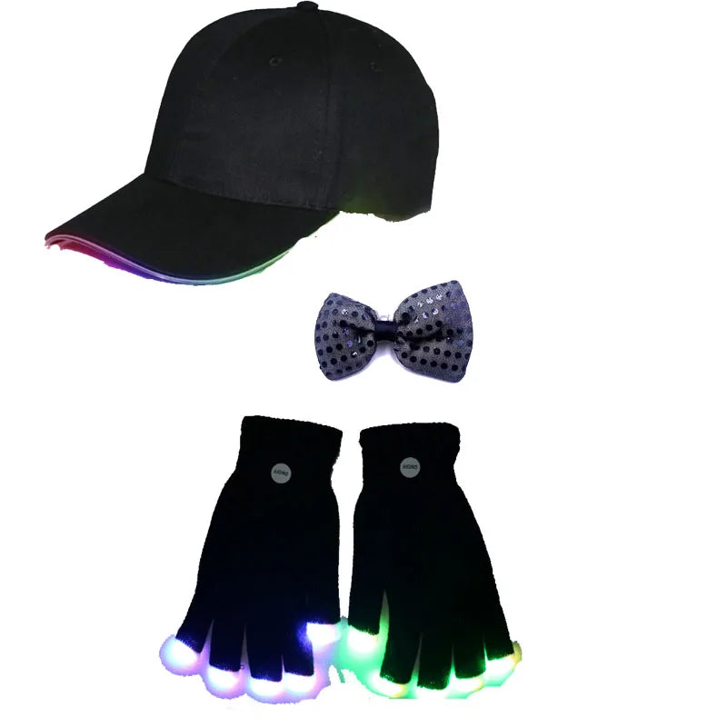 LED Flashing Light-Up Hat, Bow & Finger Gloves Party Set LED Party Costume Set Babs 3pcs