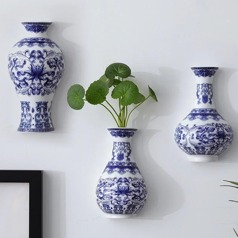Ceramic Blue & White Porcelain Wall Vase | Lucky Bamboo Decor Decorative Ceramic Vase Babs